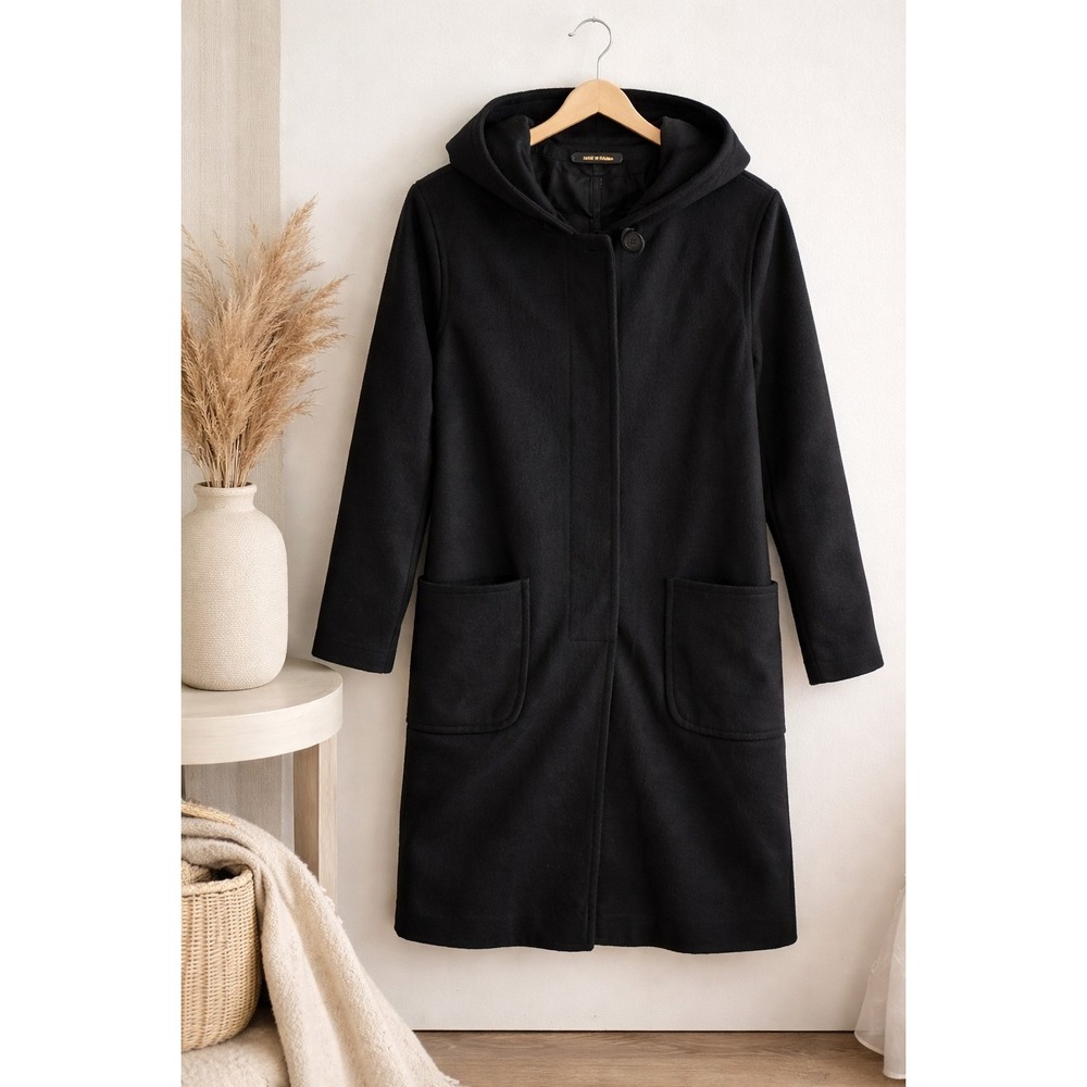 Vintage Hooded Wool Blend Coat Black Made USA Minimalist Long Womens L XL